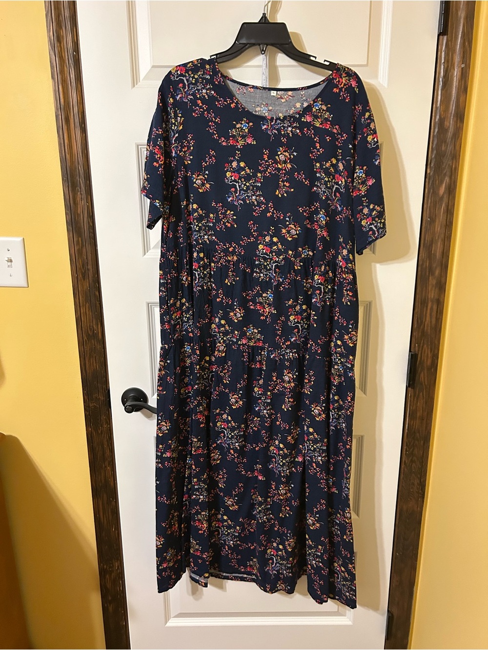 Amazon Navy Floral Short Sleeve Tiered Maxi Dress with Pink and Yellow Accents
